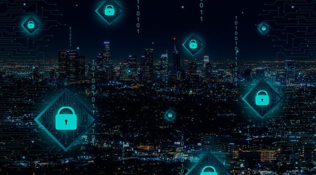 Blue lock icons interconnected on a black background.